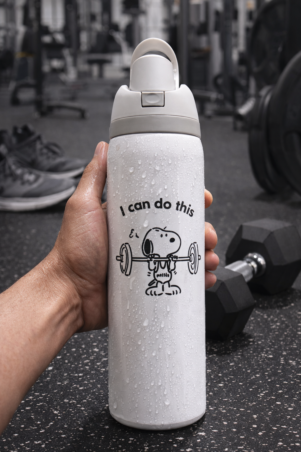 Person holding a white water bottle with a motivational design in a gym setting