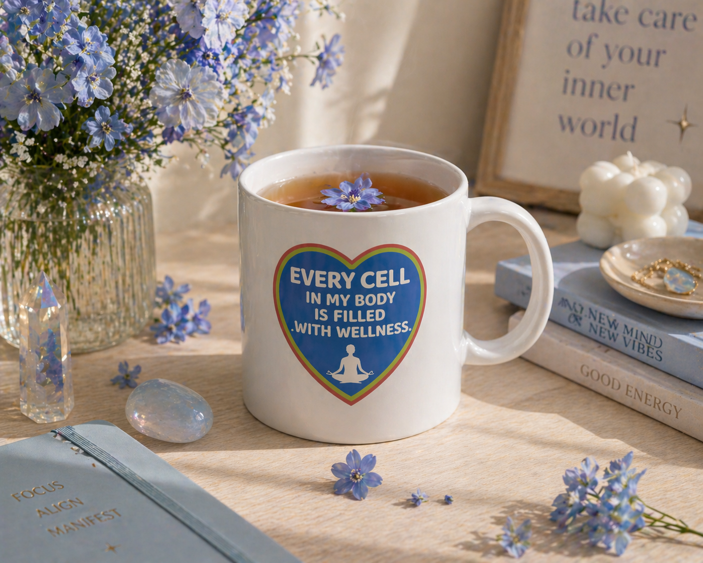 Wellness Affirmation Mug – “Every Cell in My Body Is Filled with Wellness” | High Vibes Positive Energy Coffee Cup